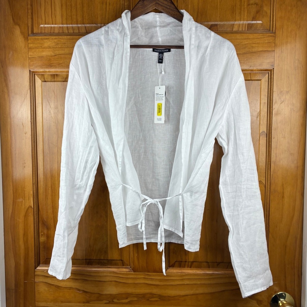 Eileen Fisher White Organic Handkerchief Linen Tie Front Wrap Top Small NWT